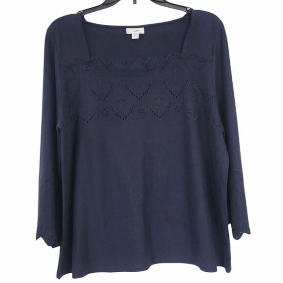 J. Jill Navy Blue Eyelet Bell Sleeve Top Size LP - Picture 1 of 6